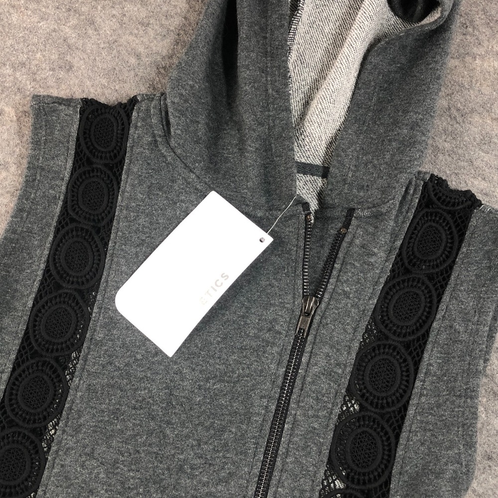 NEW Fabletics Womens Vest XS Gray Black Hooded Full Zip French Terry Lace Trim